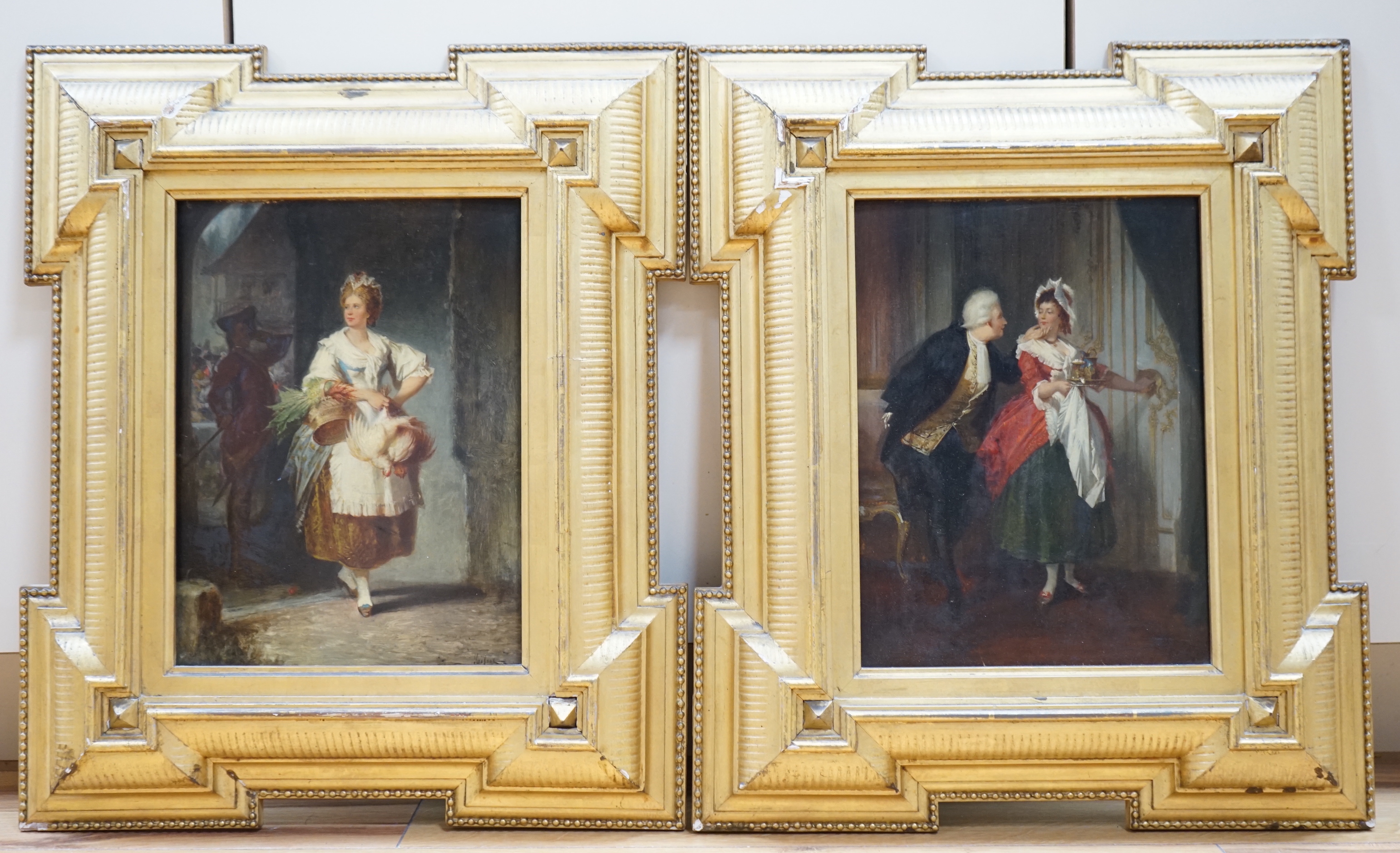 19th century German School, pair of oils on panel, Gentleman and maid and Poultry seller and soldier, 26 x 20cm, housed in moulded gilt frames